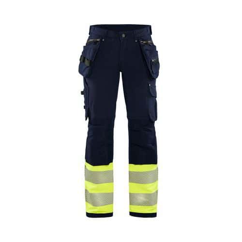 Naisten highvis riipputaskuhousut 4-way stretch Mariininsininen/Huomio keltainen - Blåkläder