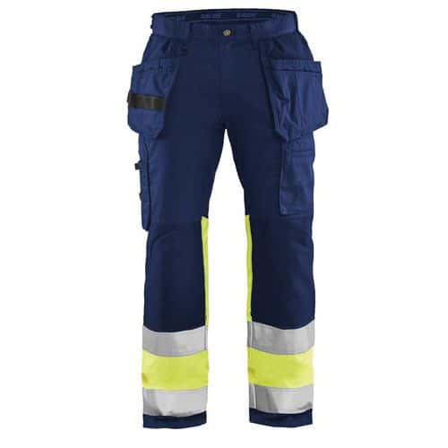 Highvis riipputaskuhousut stretch Mariininsininen/Huomio keltainen - Blåkläder