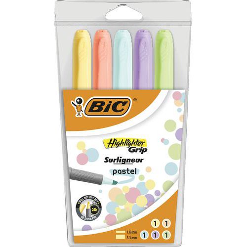 Highlighter Grip - Pastelli - 5 kpl/pakkaus, valikoima värejä- BIC