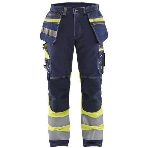 Highvis riipputaskuhousut Stretch Mariininsininen/Huomio keltainen - Blåkläder